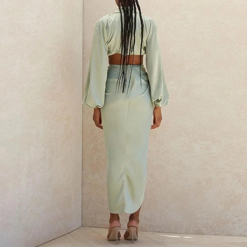 Elegant Satin Matching Set in Versatile Green, White, and Black for Women