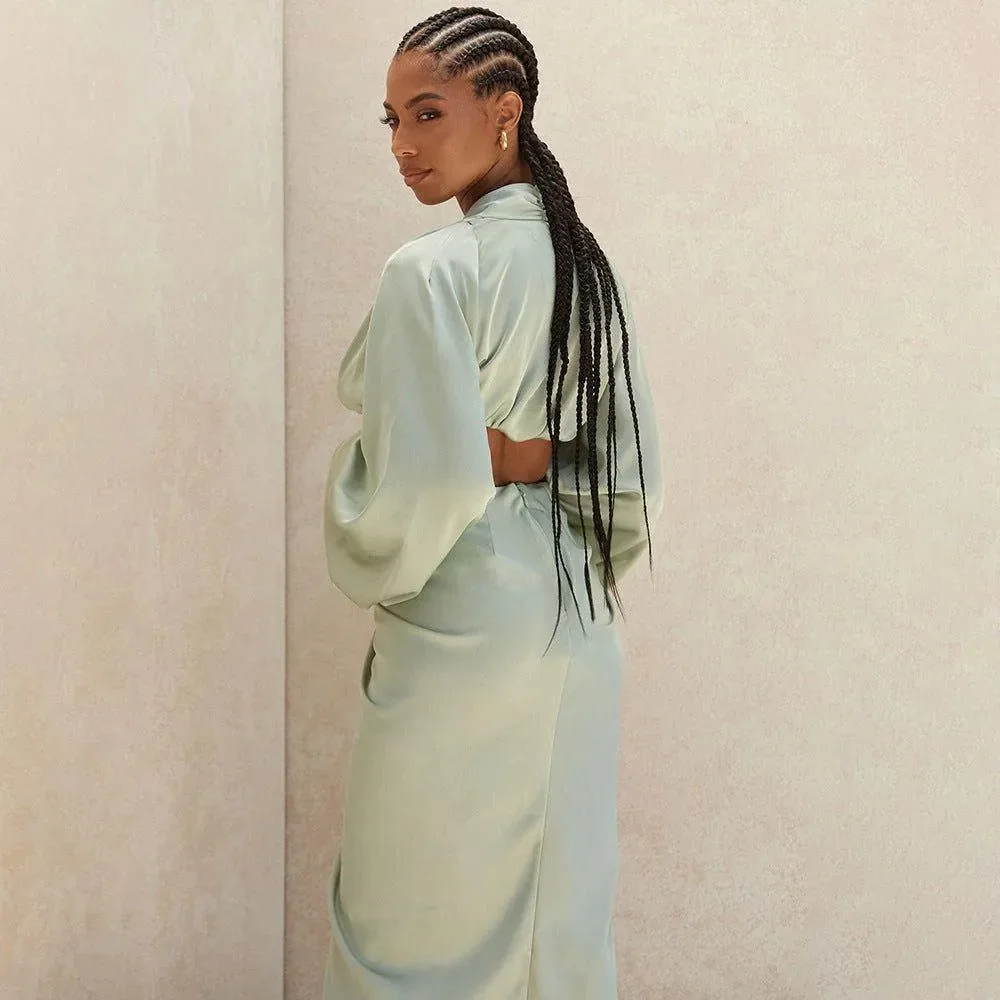 Elegant Satin Matching Set in Versatile Green, White, and Black for Women