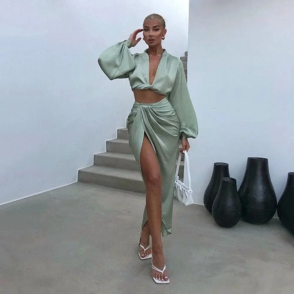 Elegant Satin Matching Set in Versatile Green, White, and Black for Women