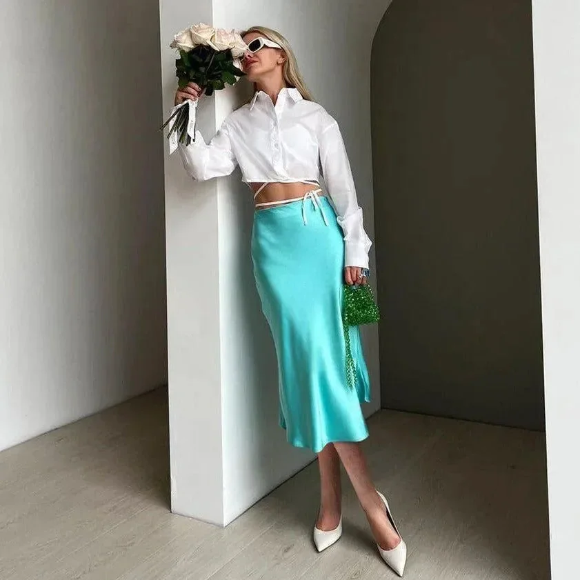 Elegant Satin High Waist Midi Skirt