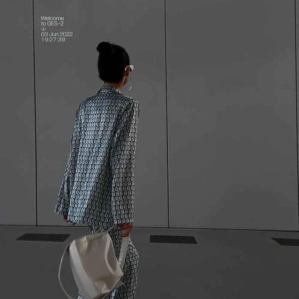 Elegant Satin Two-Piece Set in Blue & Gray