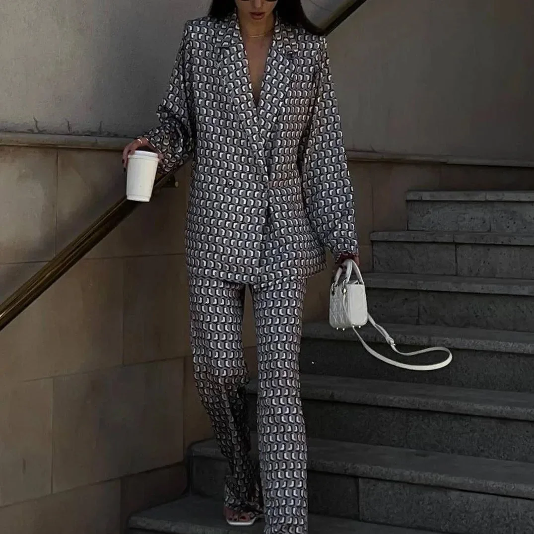 Elegant Satin Two-Piece Set in Blue & Gray