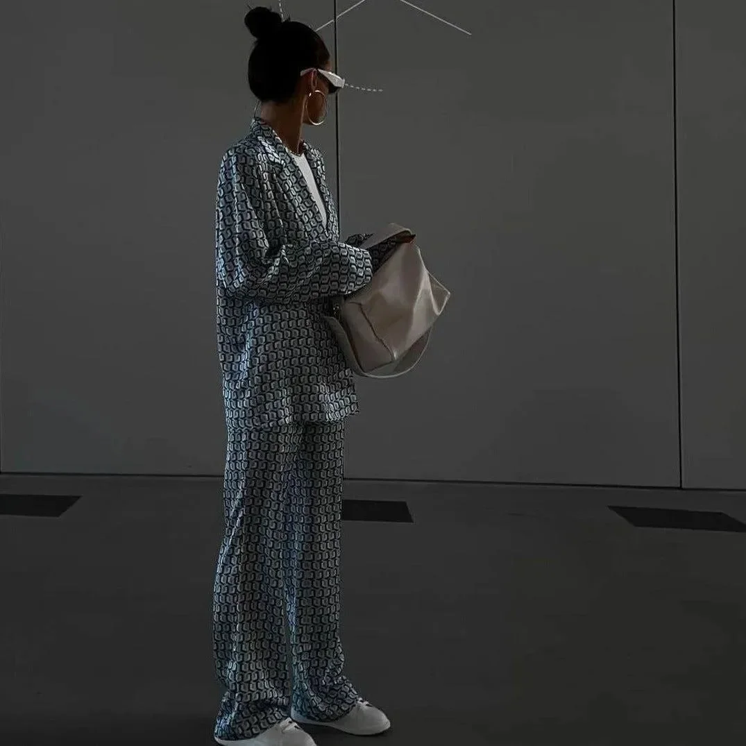 Elegant Satin Two-Piece Set in Blue & Gray