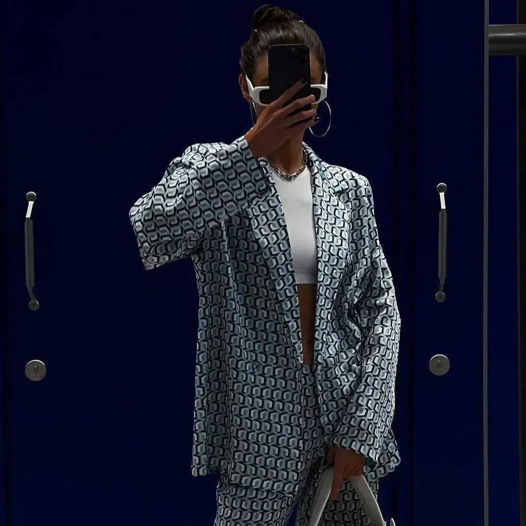 Elegant Satin Two-Piece Set in Blue & Gray