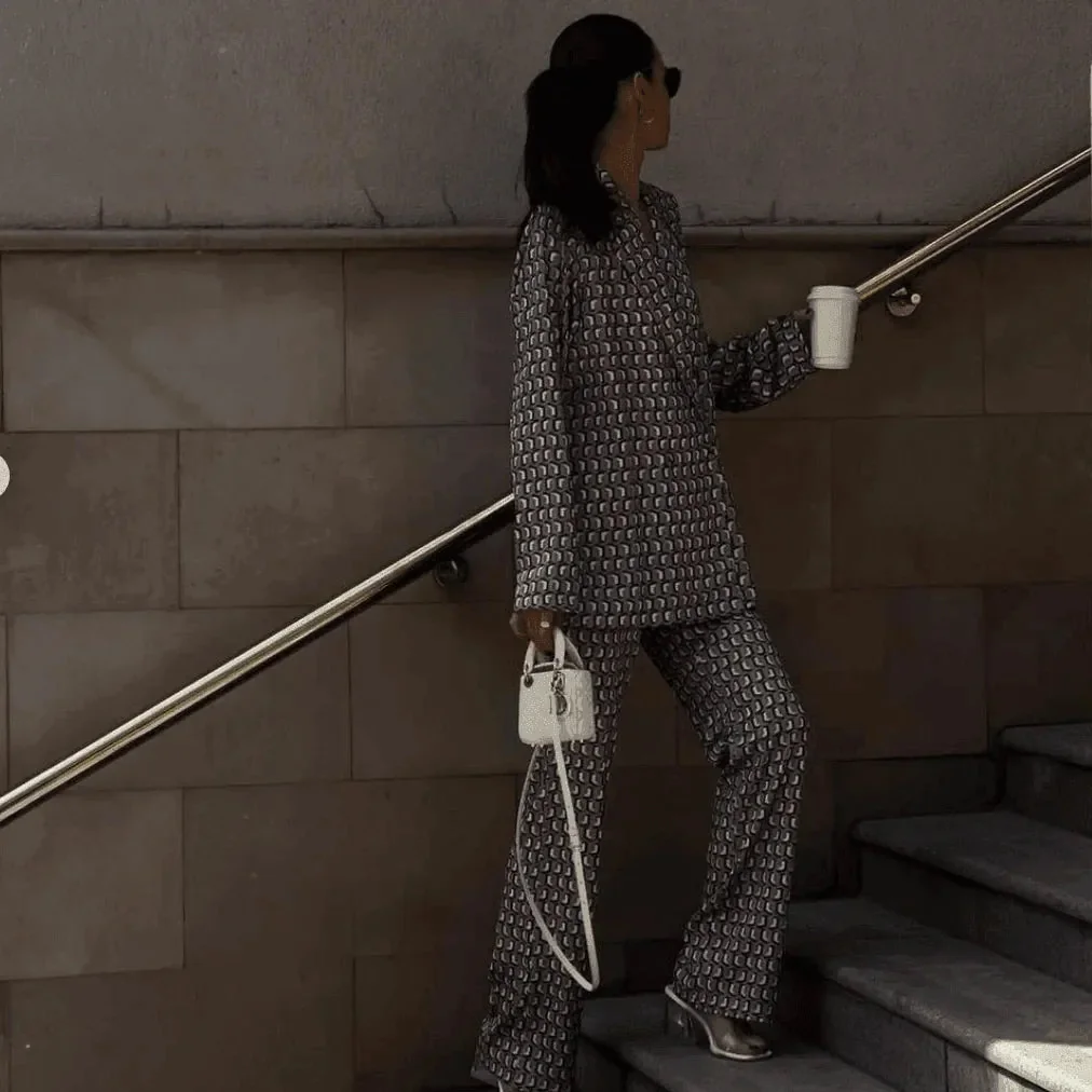 Elegant Satin Two-Piece Set in Blue & Gray