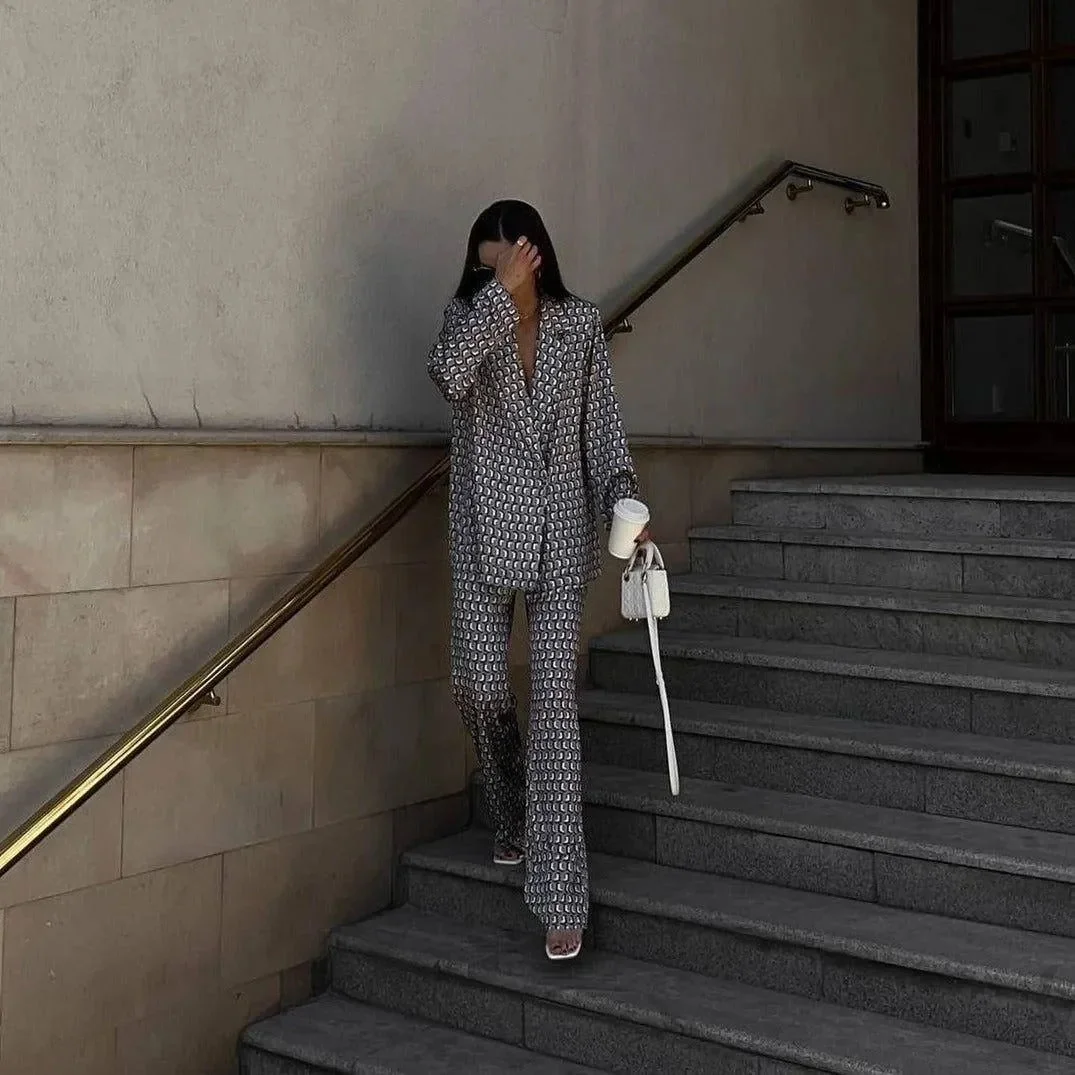 Elegant Satin Two-Piece Set in Blue & Gray