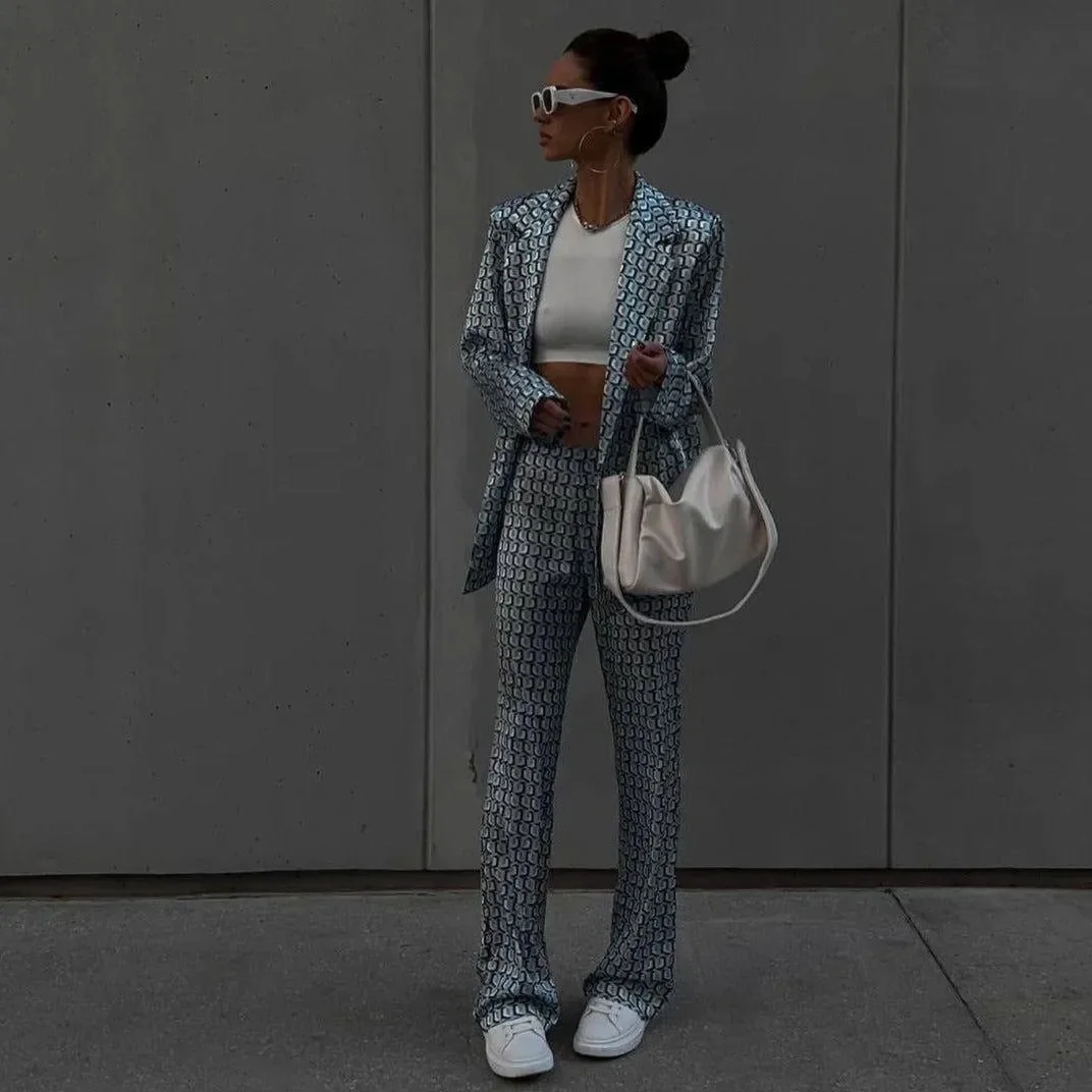Elegant Satin Two-Piece Set in Blue & Gray