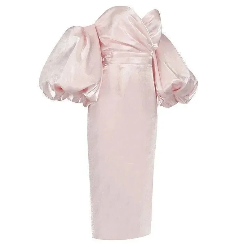 Elegant Pink Satin Midi Dress with Puff Sleeves