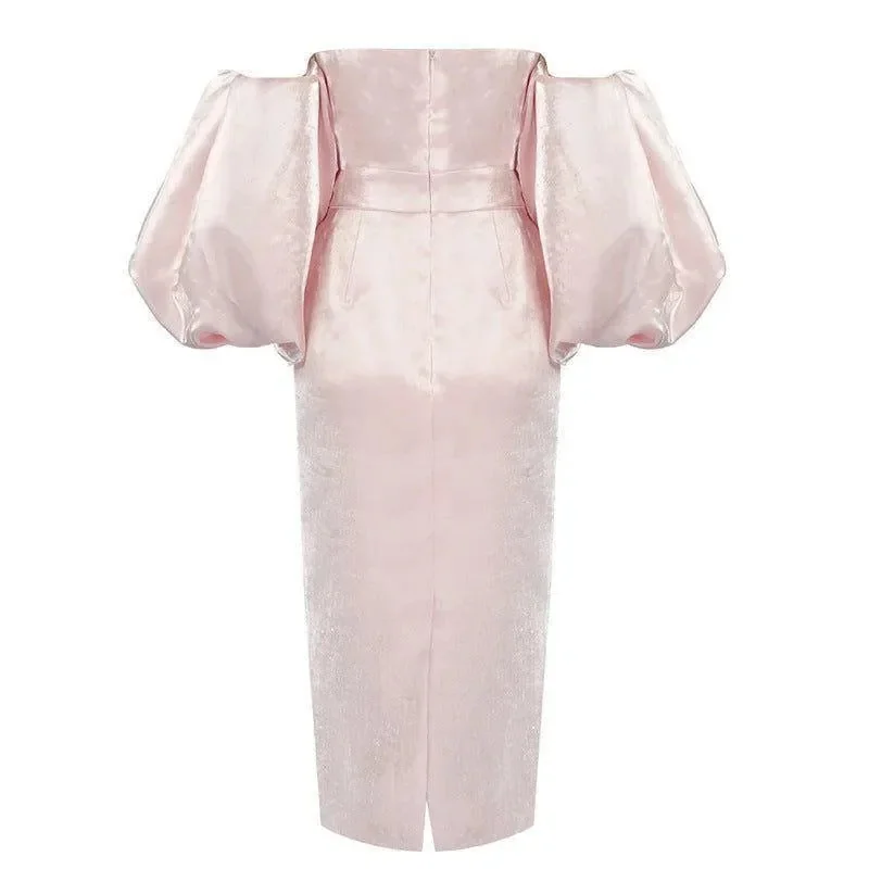Elegant Pink Satin Midi Dress with Puff Sleeves