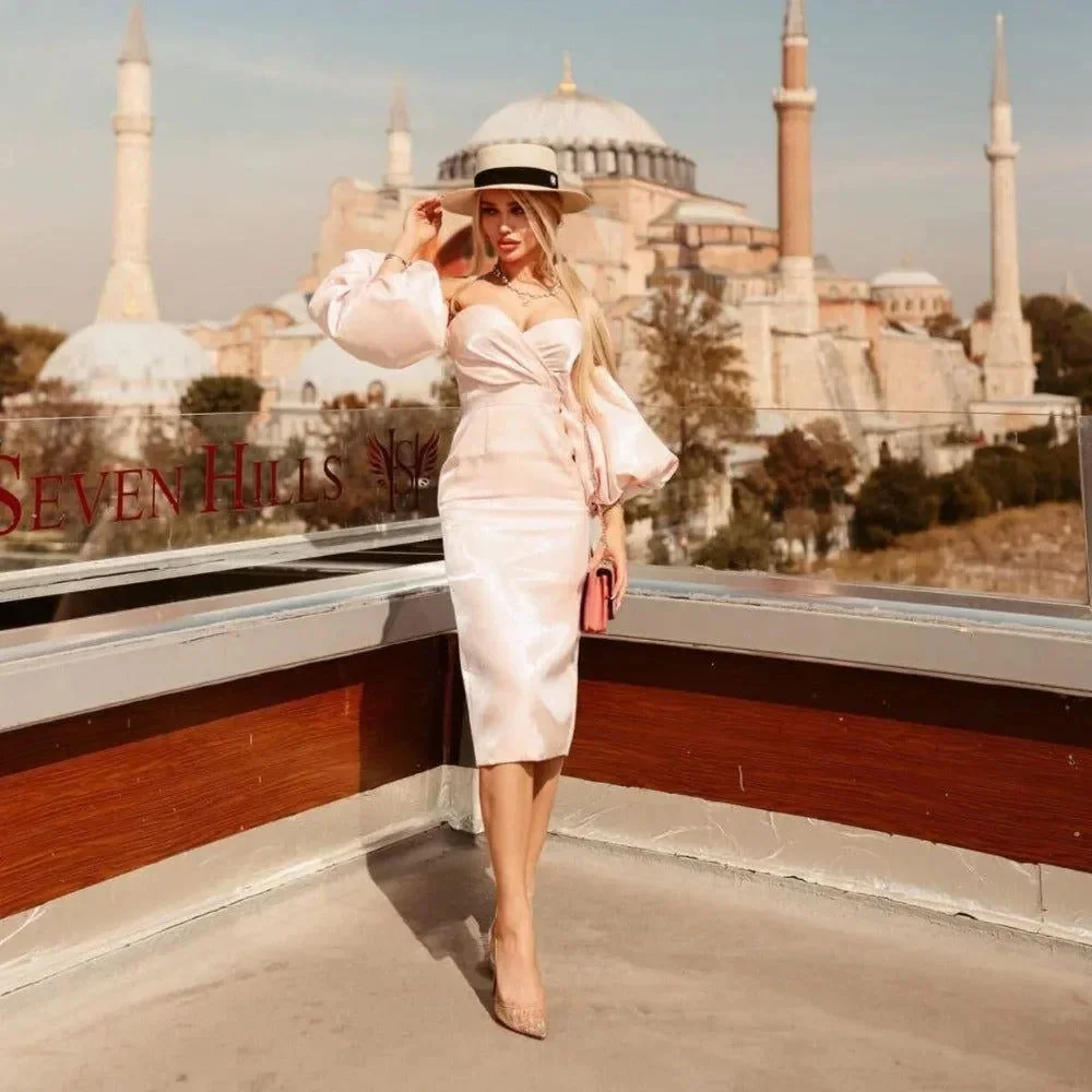 Elegant Pink Satin Midi Dress with Puff Sleeves