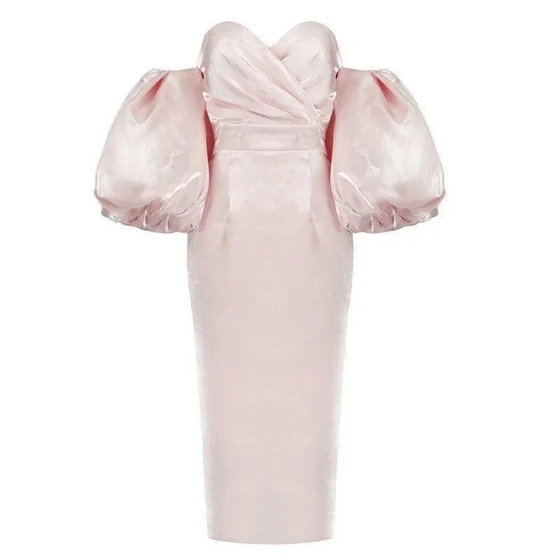 Elegant Pink Satin Midi Dress with Puff Sleeves
