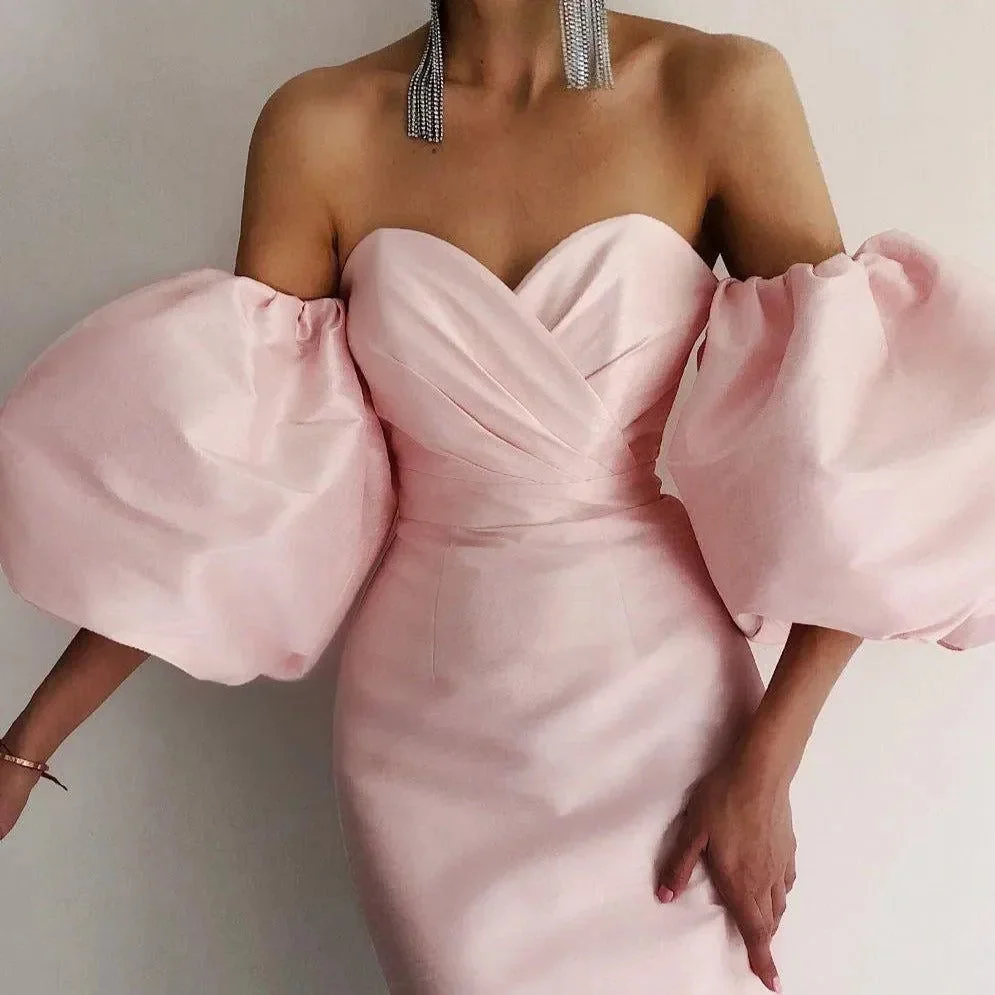 Elegant Pink Satin Midi Dress with Puff Sleeves