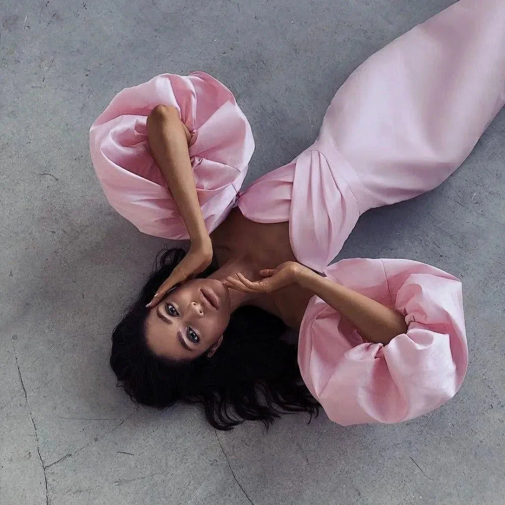 Elegant Pink Satin Midi Dress with Puff Sleeves