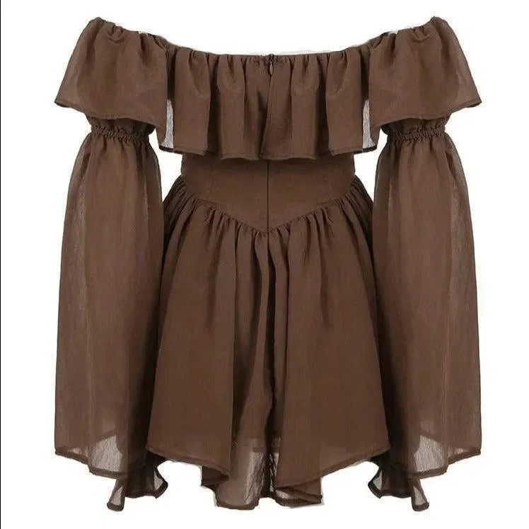 Brown Ruffled Off Shoulder Midi Dress