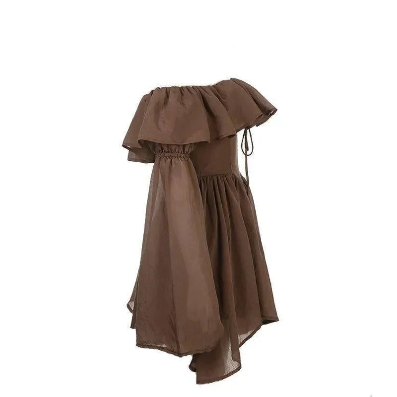 Brown Ruffled Off Shoulder Midi Dress