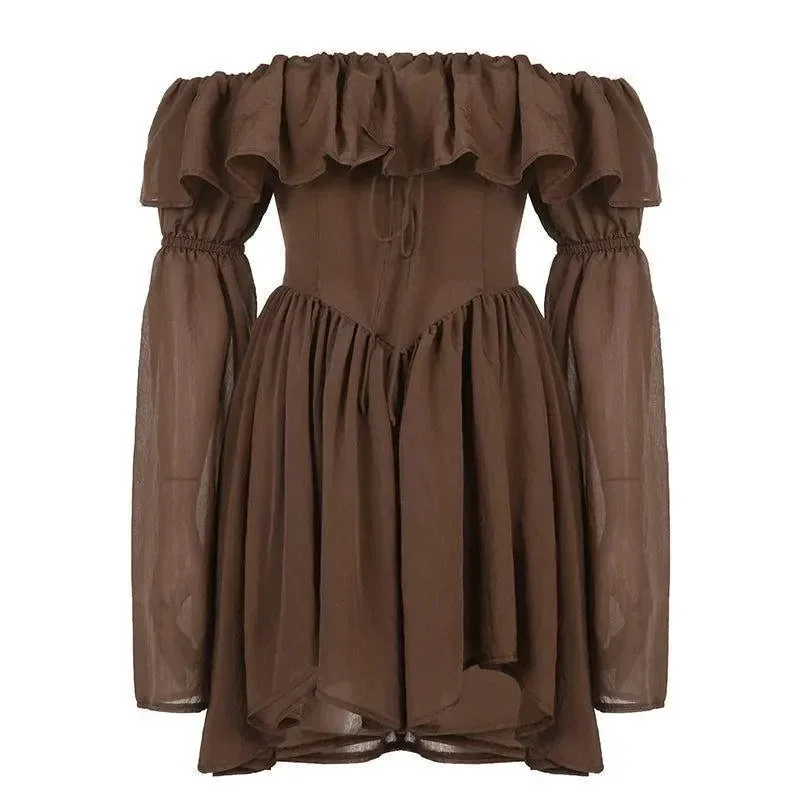 Brown Ruffled Off Shoulder Midi Dress