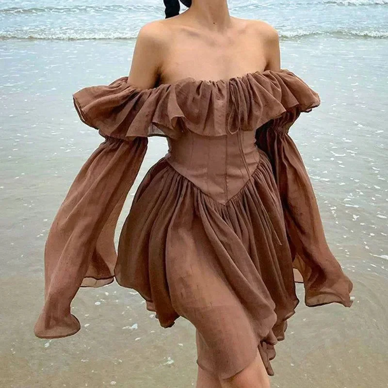 Brown Ruffled Off Shoulder Midi Dress