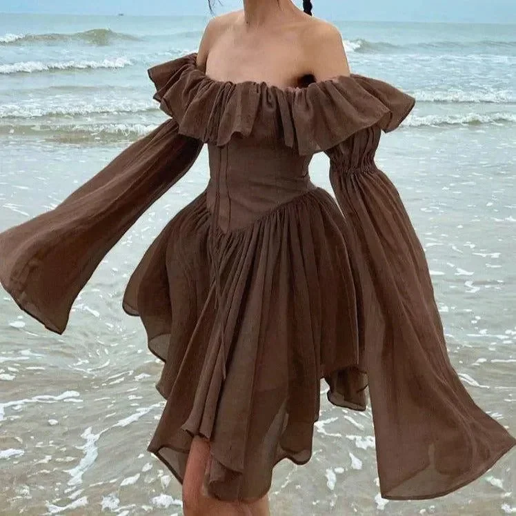 Brown Ruffled Off Shoulder Midi Dress