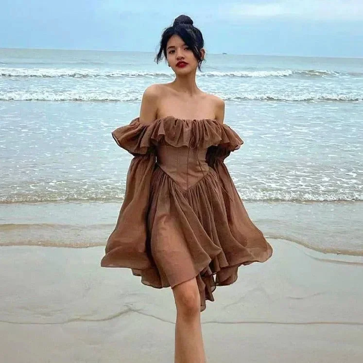 Brown Ruffled Off Shoulder Midi Dress