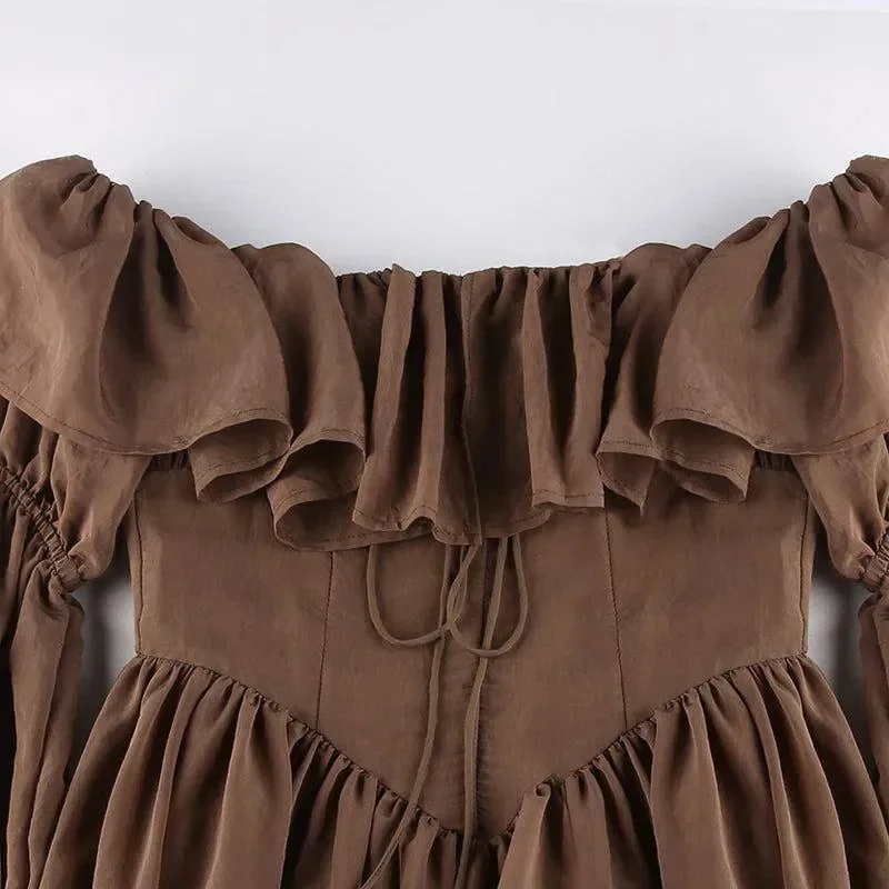 Brown Ruffled Off Shoulder Midi Dress