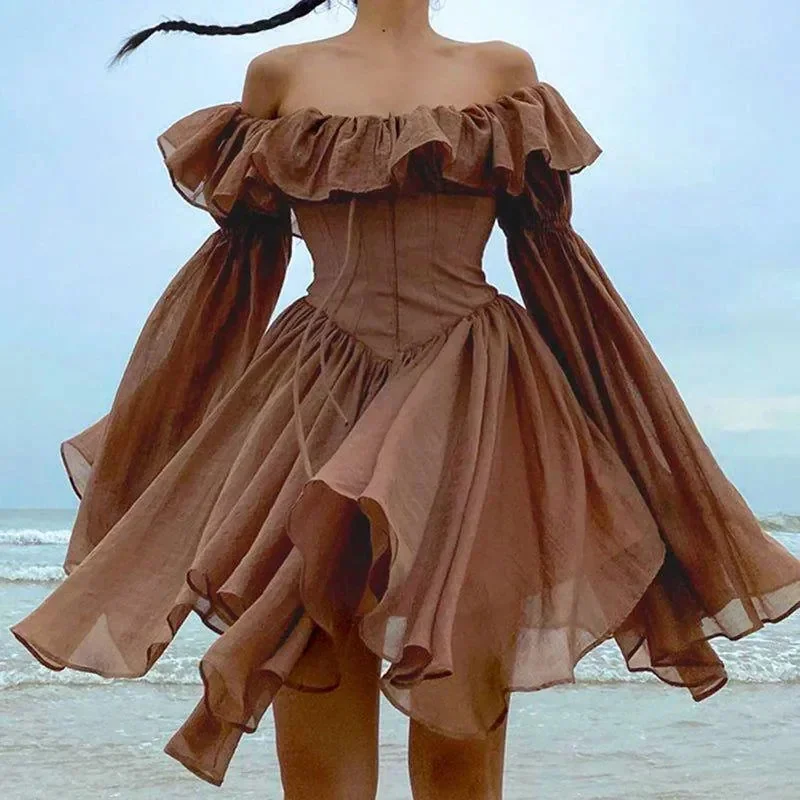 Brown Ruffled Off Shoulder Midi Dress
