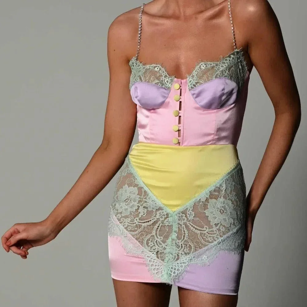 Pink Satin Lace Crystal Strap Mini Dress