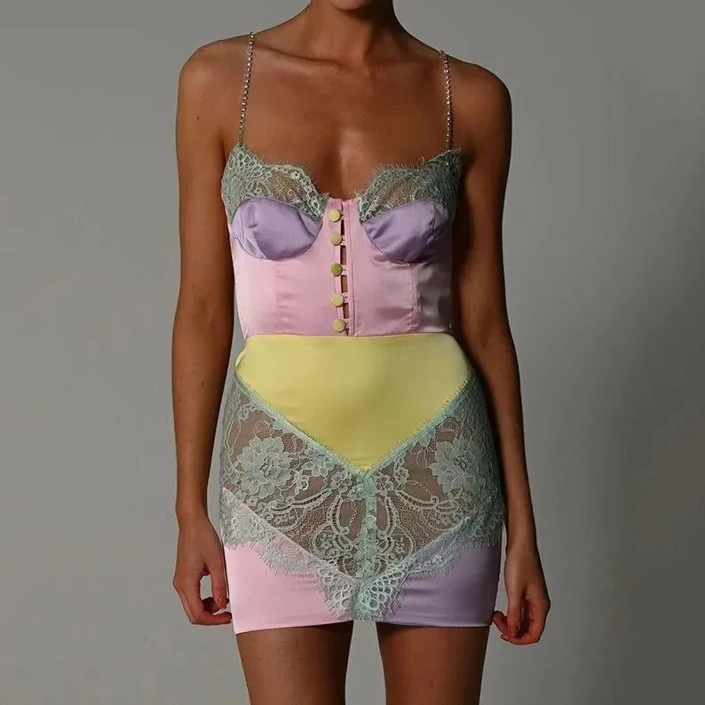 Pink Satin Lace Crystal Strap Mini Dress