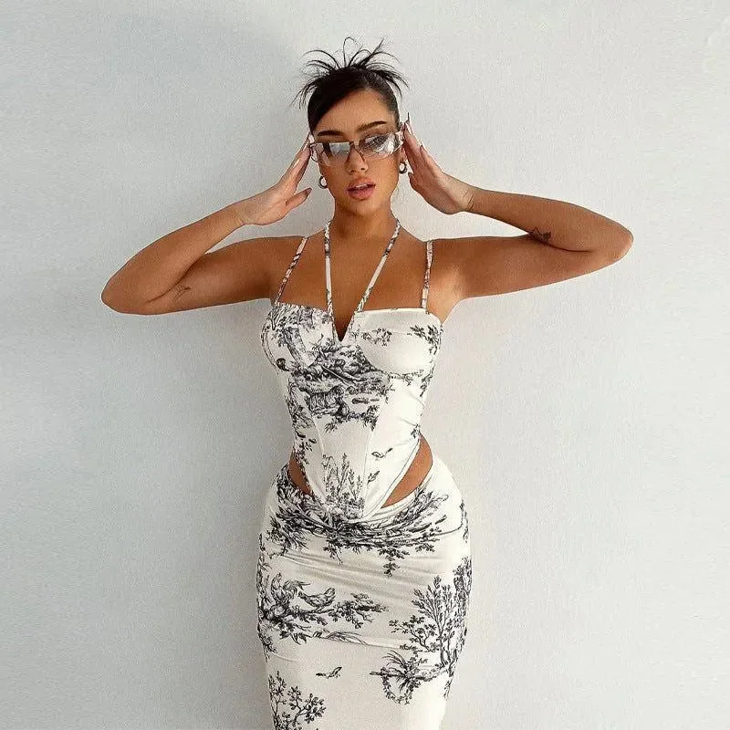 Chic Corset Halter Crop Top & Midi Skirt Set