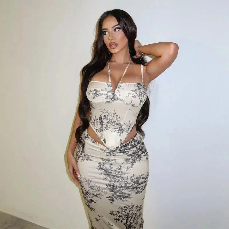 Chic Corset Halter Crop Top & Midi Skirt Set