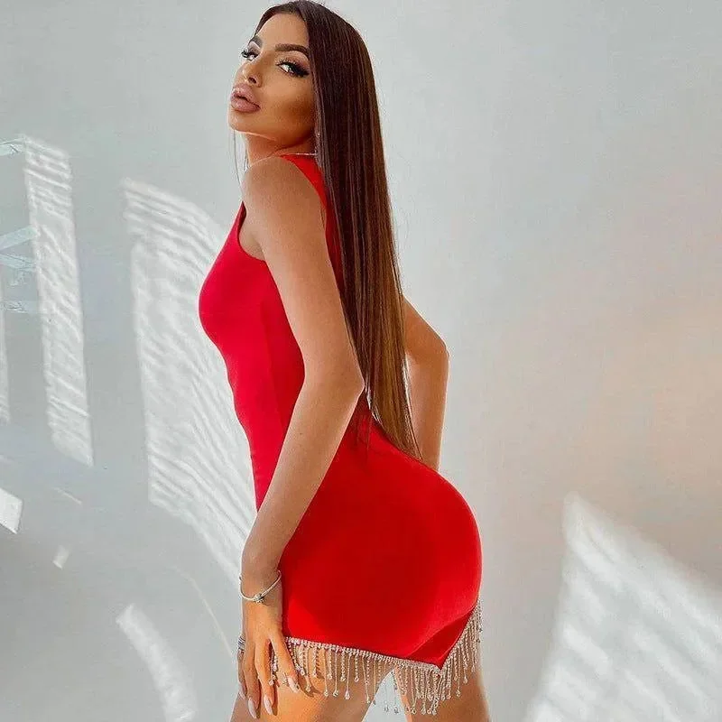 Rhinestone Tassel Bodycon Mini Dress in Elegant Black