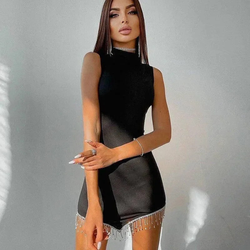 Rhinestone Tassel Bodycon Mini Dress in Elegant Black