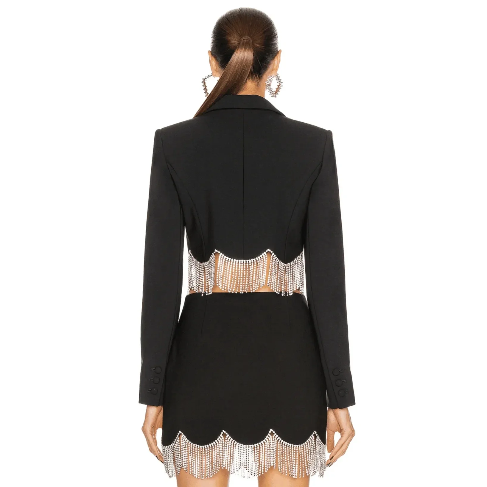 Elegant Crystal Hem Blazer and Skirt Set - Black