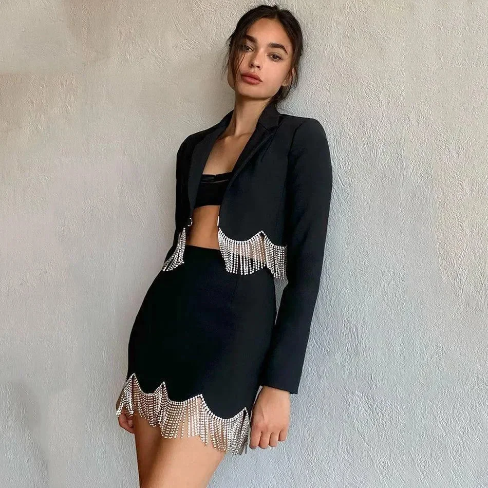 Elegant Crystal Hem Blazer and Skirt Set - Black