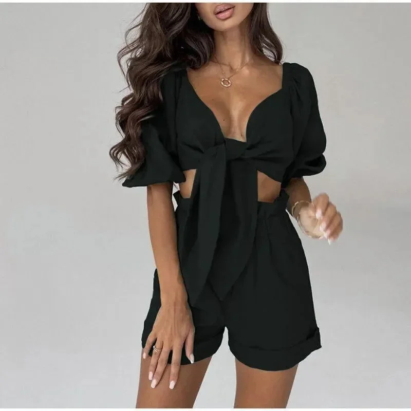 Front Tie Cotton Two-Piece Set in Various Colors