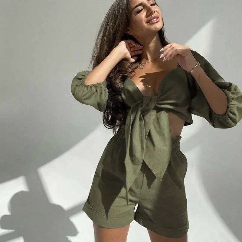 Front Tie Cotton Two-Piece Set in Various Colors