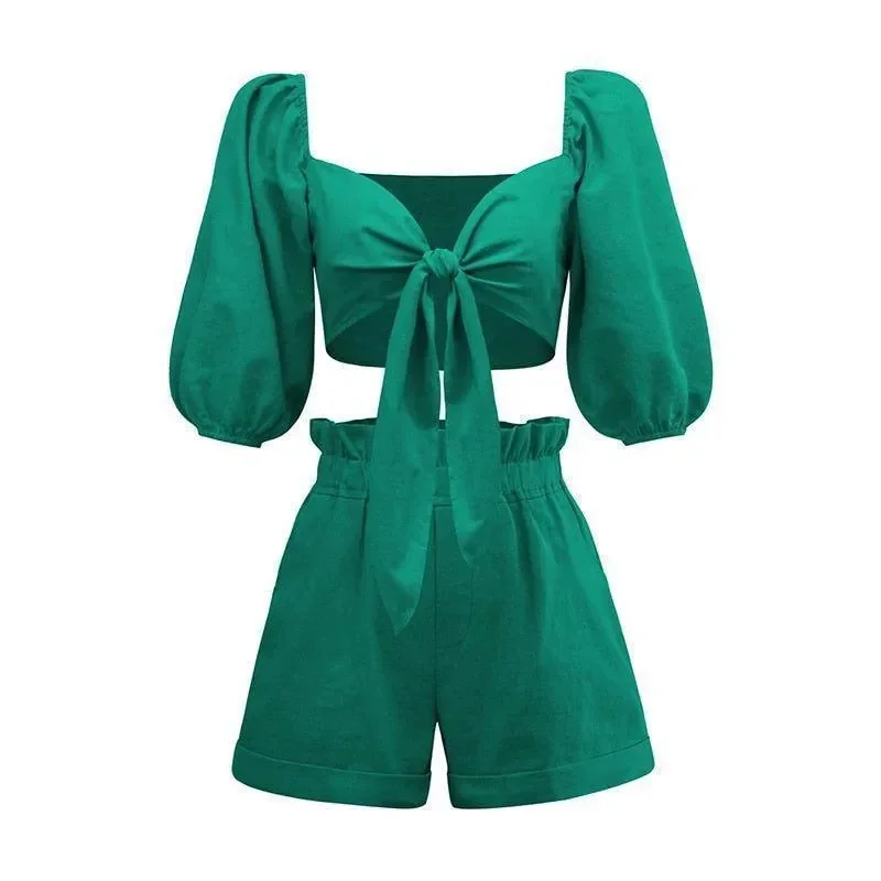 Front Tie Cotton Two-Piece Set in Various Colors