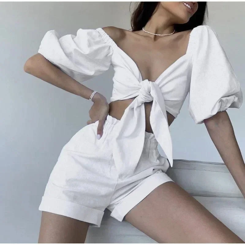 Front Tie Cotton Two-Piece Set in Various Colors