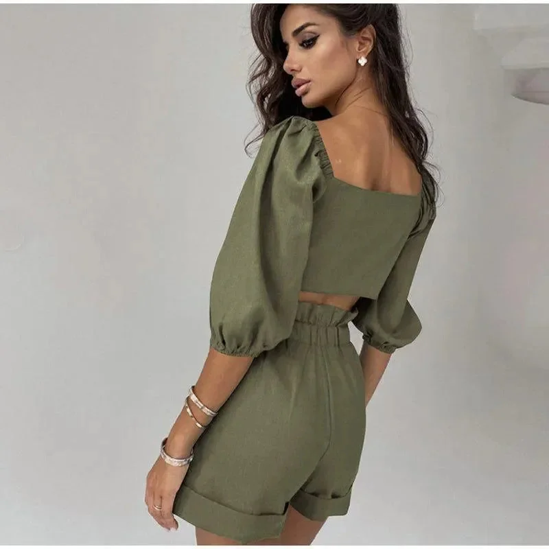 Front Tie Cotton Two-Piece Set in Various Colors