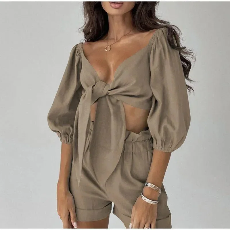 Front Tie Cotton Two-Piece Set in Various Colors