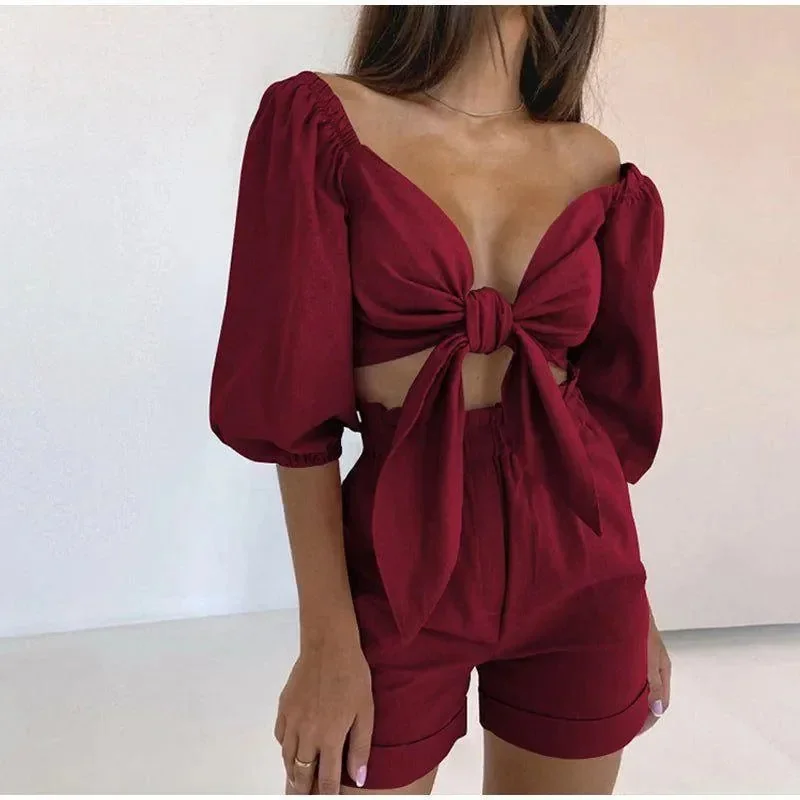 Front Tie Cotton Two-Piece Set in Various Colors