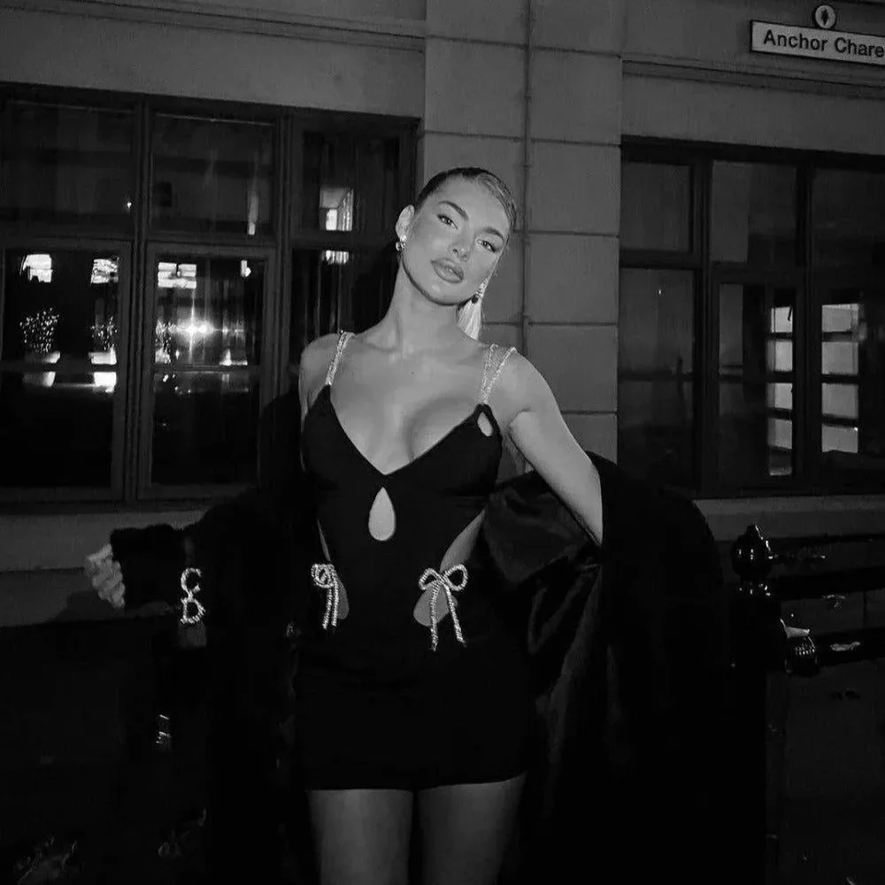 Black Diamond Strap Mini Dress Sparkling Evening Wear