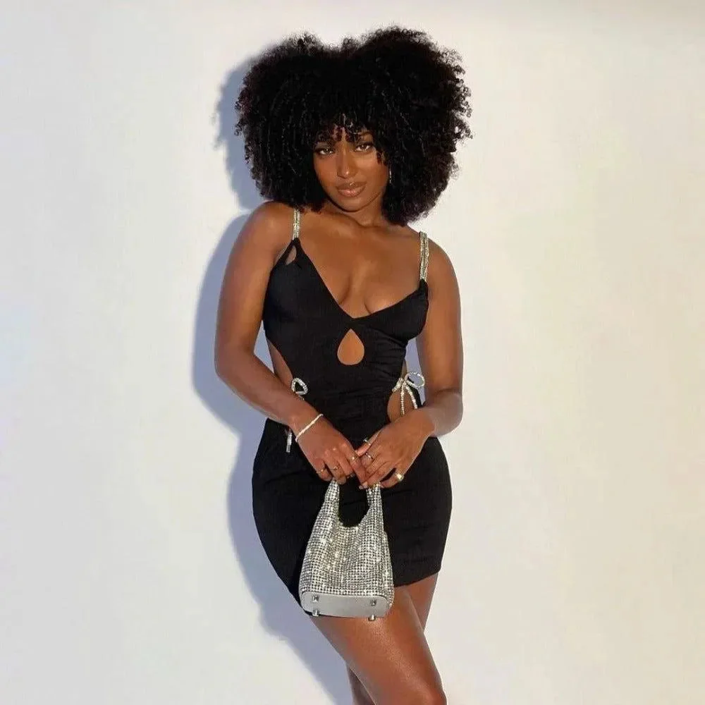 Black Diamond Strap Mini Dress Sparkling Evening Wear