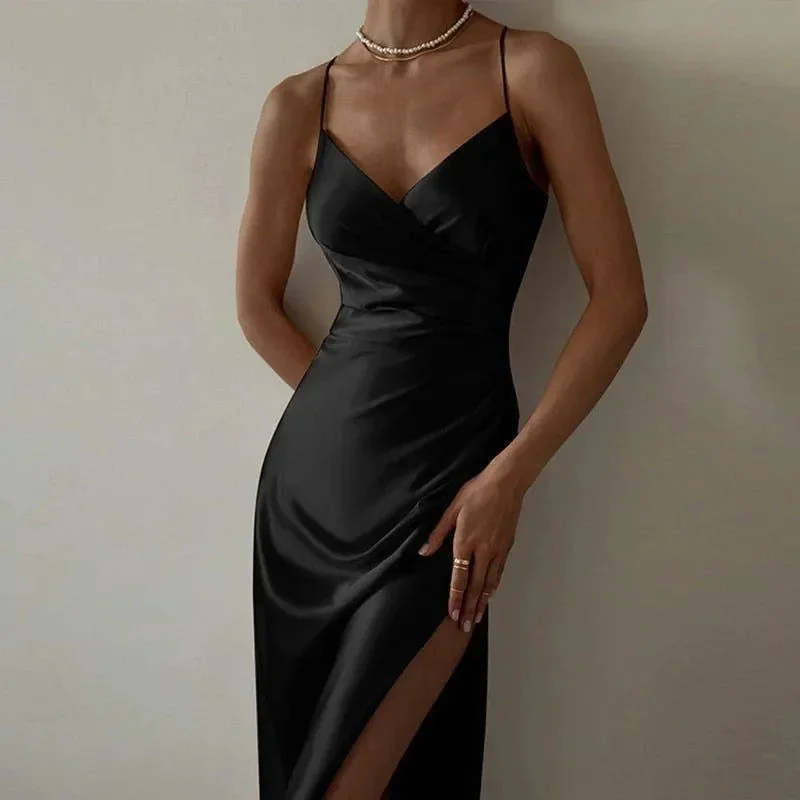 Elegant Satin Ruched Midi Dress - Flattering Adjustable Straps