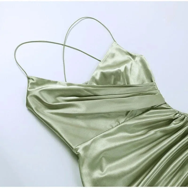 Elegant Satin Ruched Midi Dress - Flattering Adjustable Straps
