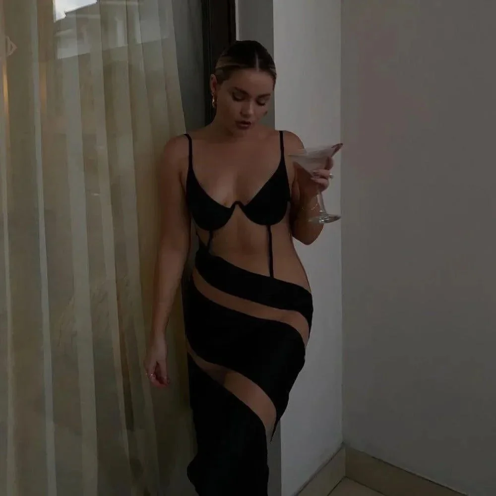 Satin Mesh Mermaid Cut-Out Bodycon Dress