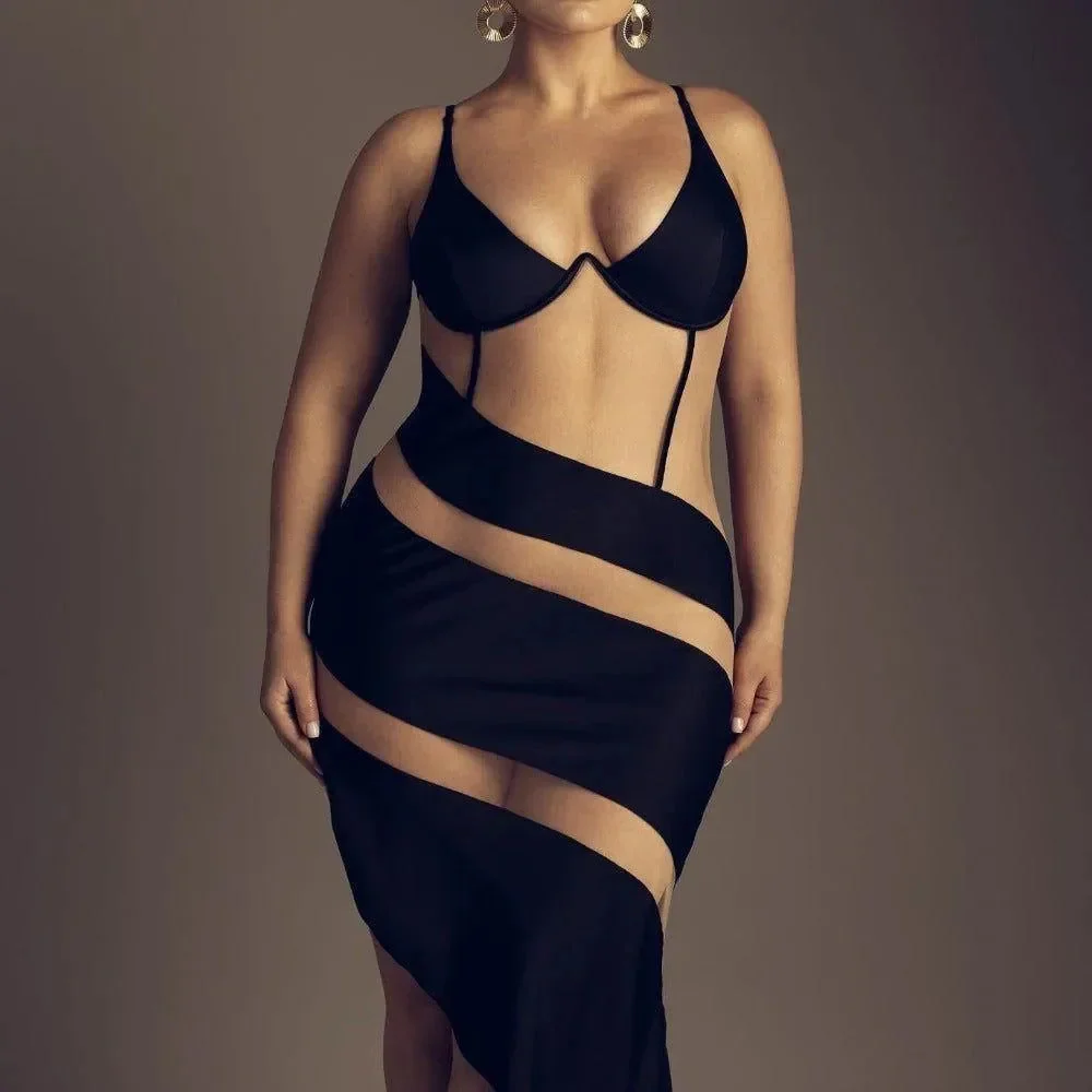 Satin Mesh Mermaid Cut-Out Bodycon Dress