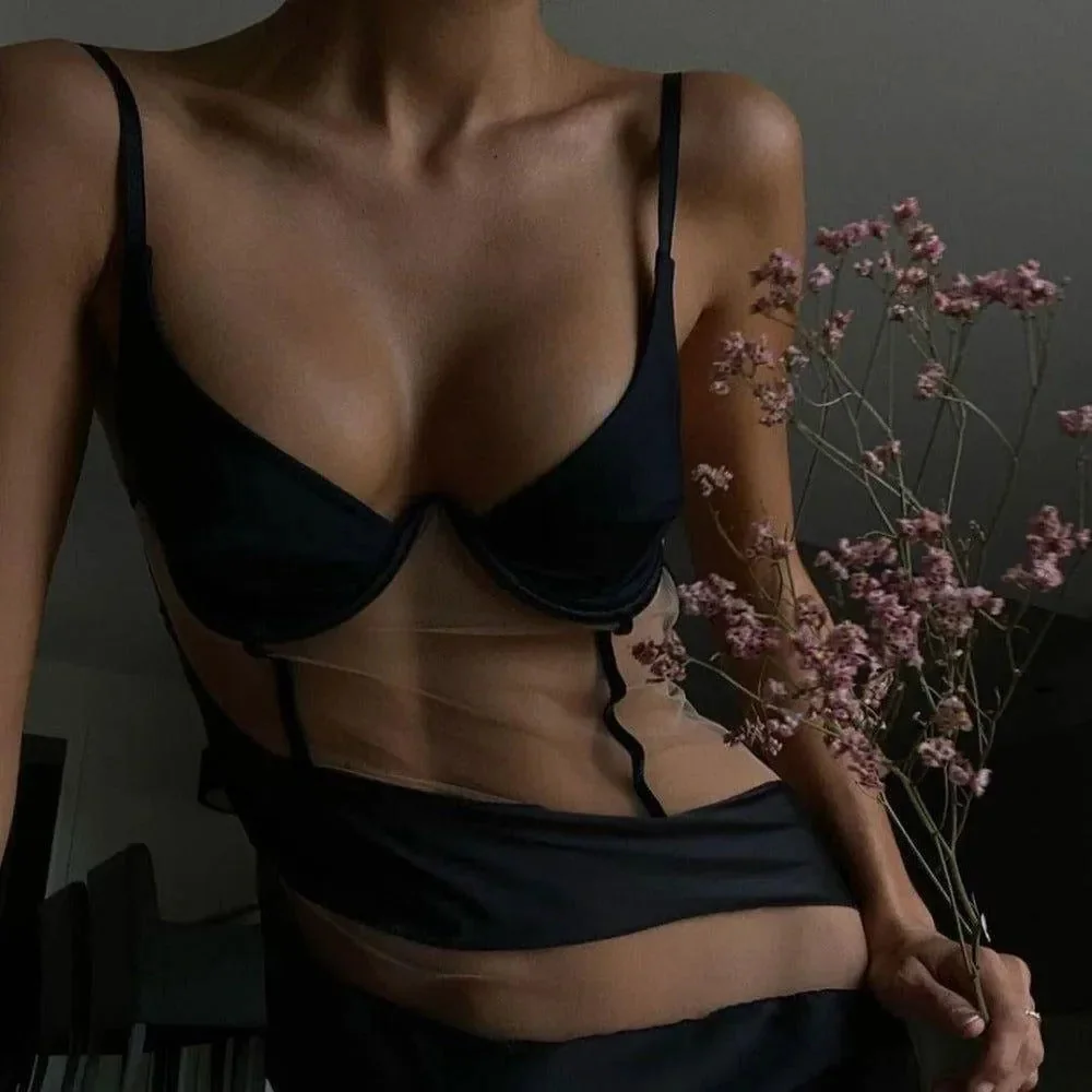 Satin Mesh Mermaid Cut-Out Bodycon Dress