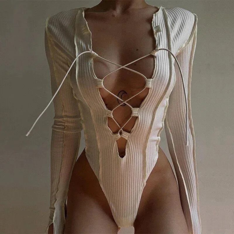 Ribbed Lace Up Bodysuit for Girls - Elegant & Versatile