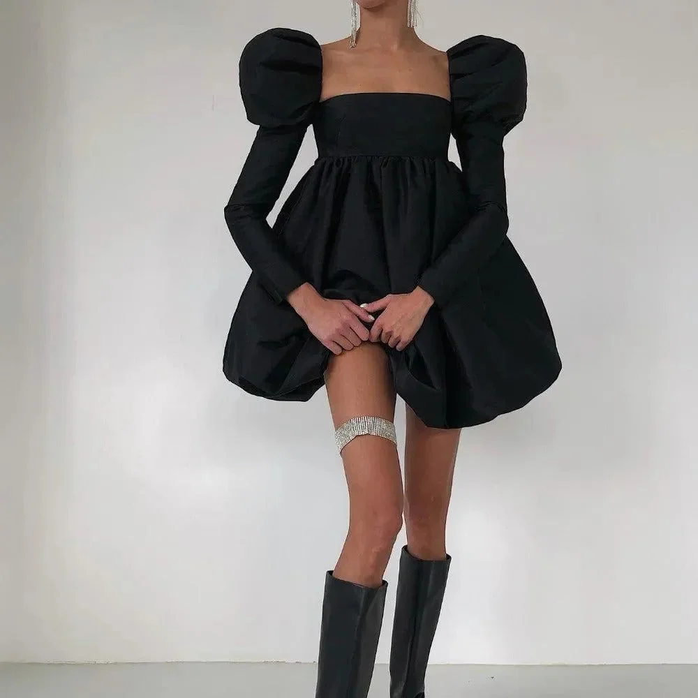 Black Square Neck Puff Sleeve Mini Dress