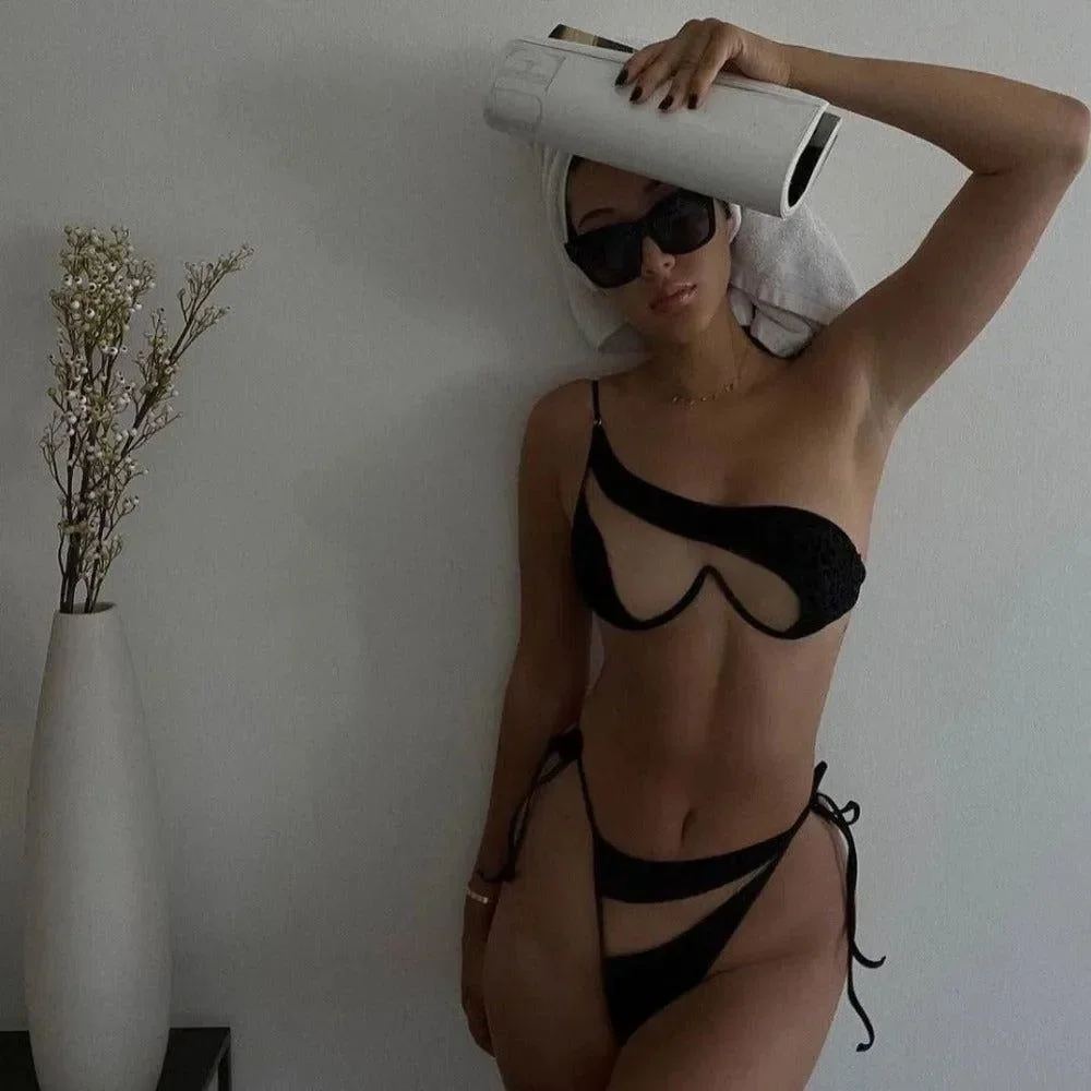 Mesh Black Mermaid Bikini Set - High-Waisted Bottom